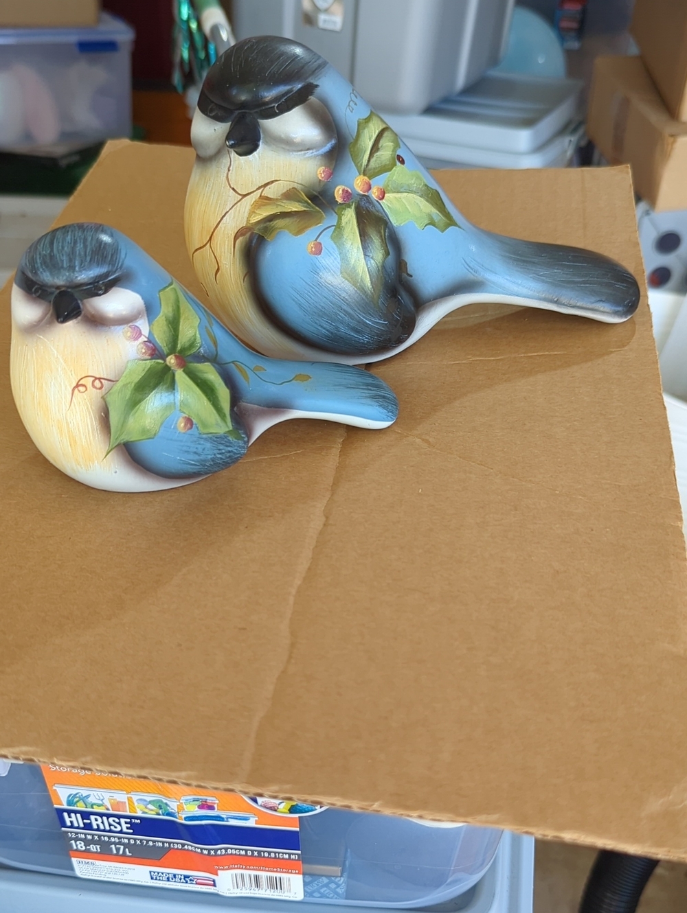 Hand-Painted Blue Ceramic Bird Figurine with Leaf Motif